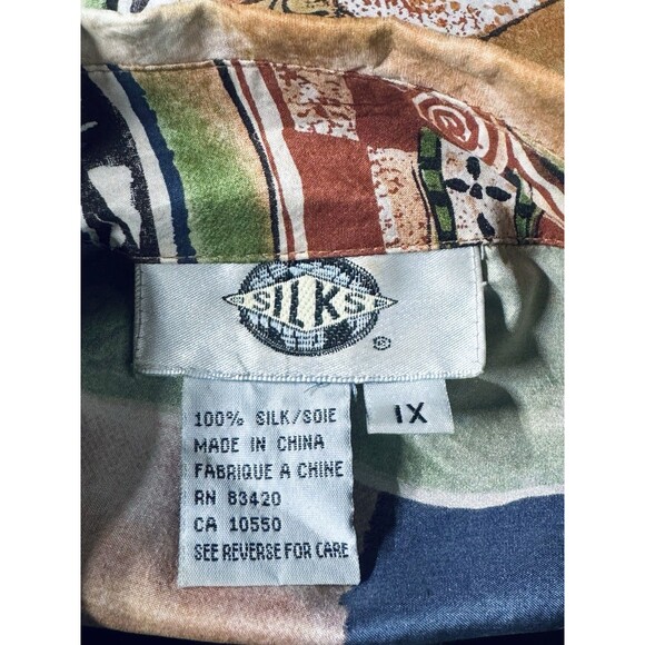 VTG Silk's Brand 100% Silk Long Sleeve Blouse Geometric Design Earth Tones 1X - Picture 4 of 5
